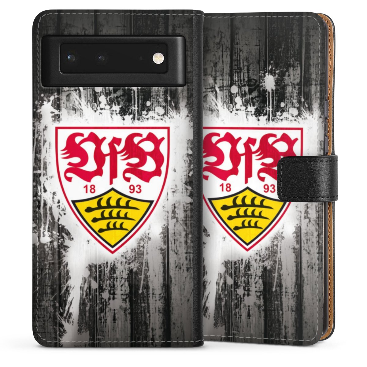 Google Pixel 6 Handy Klapphülle Handyhülle aus Kunst Leder schwarz Flip Case Vfb Stuttgart Official Licensed Product Sideflip mit Lasche