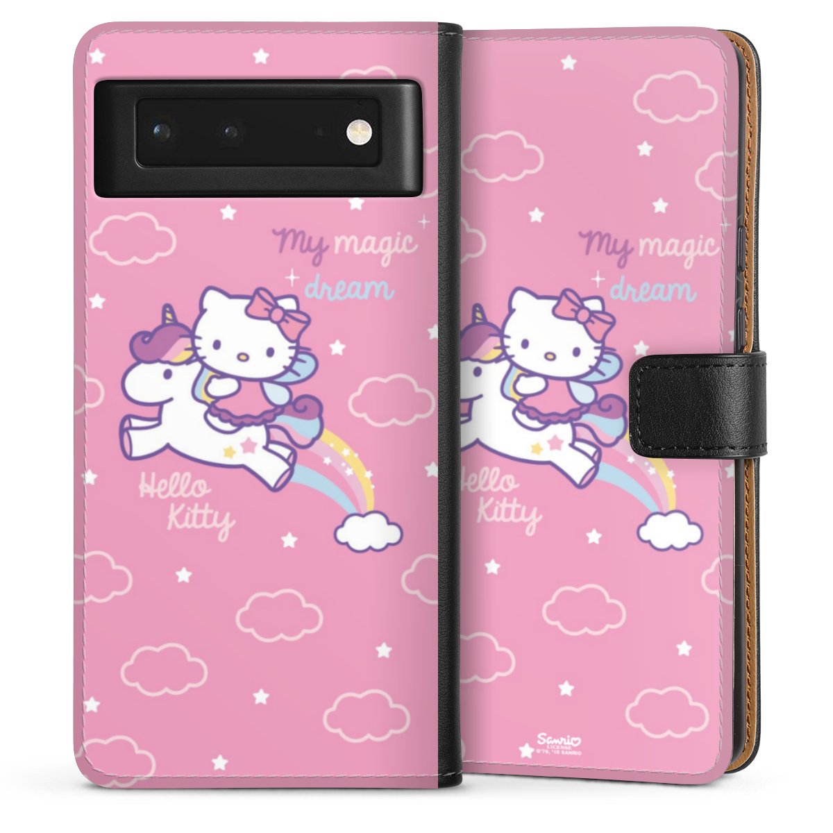 Google Pixel 6 Handy Klapphülle Handyhülle aus Kunst Leder schwarz Flip Case Einhorn Official Licensed Product Hello Kitty Sideflip mit Lasche