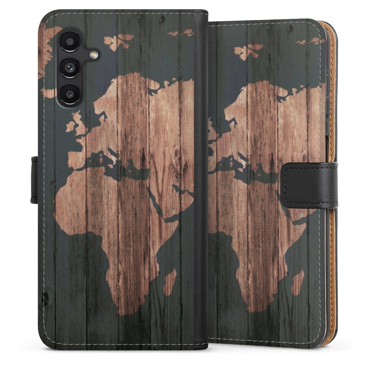 Galaxy A04s Handy Klapphülle Handyhülle aus Kunst Leder schwarz Flip Case Map World Map Wooden Look Sideflip mit langer Lasche