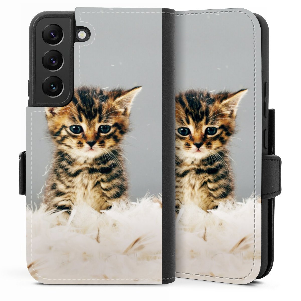 Galaxy S22 Handy Klapphülle Handyhülle aus Kunst Leder schwarz Flip Case Cat Feather Pet Sideflip mit Lasche