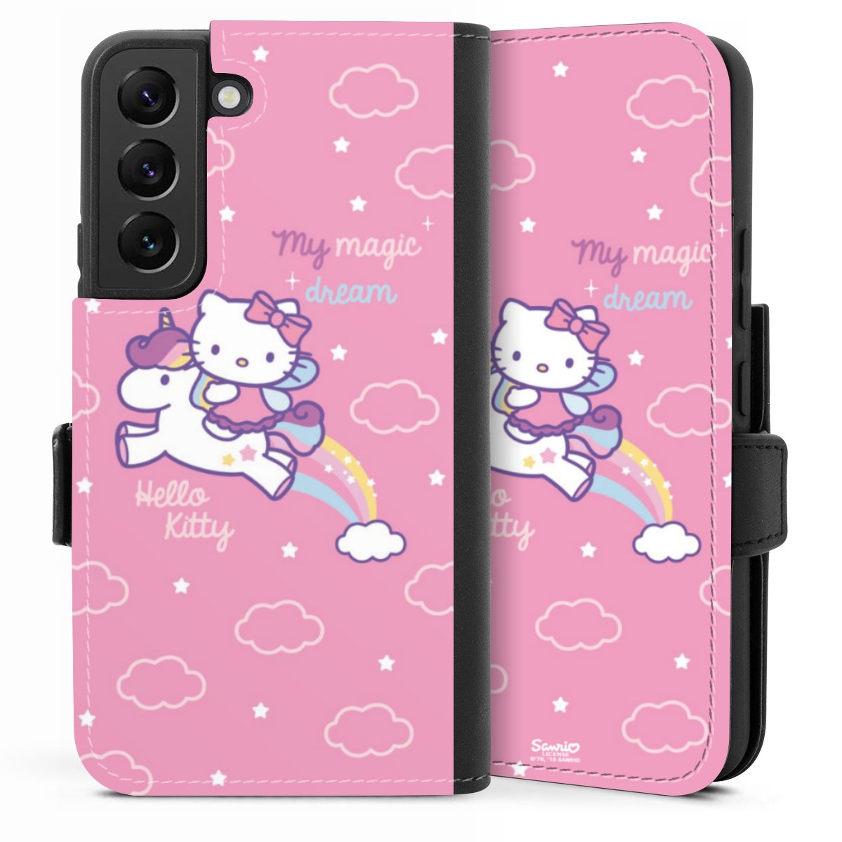 Galaxy S22 Handy Klapphülle Handyhülle aus Kunst Leder schwarz Flip Case Einhorn Official Licensed Product Hello Kitty Sideflip mit Lasche