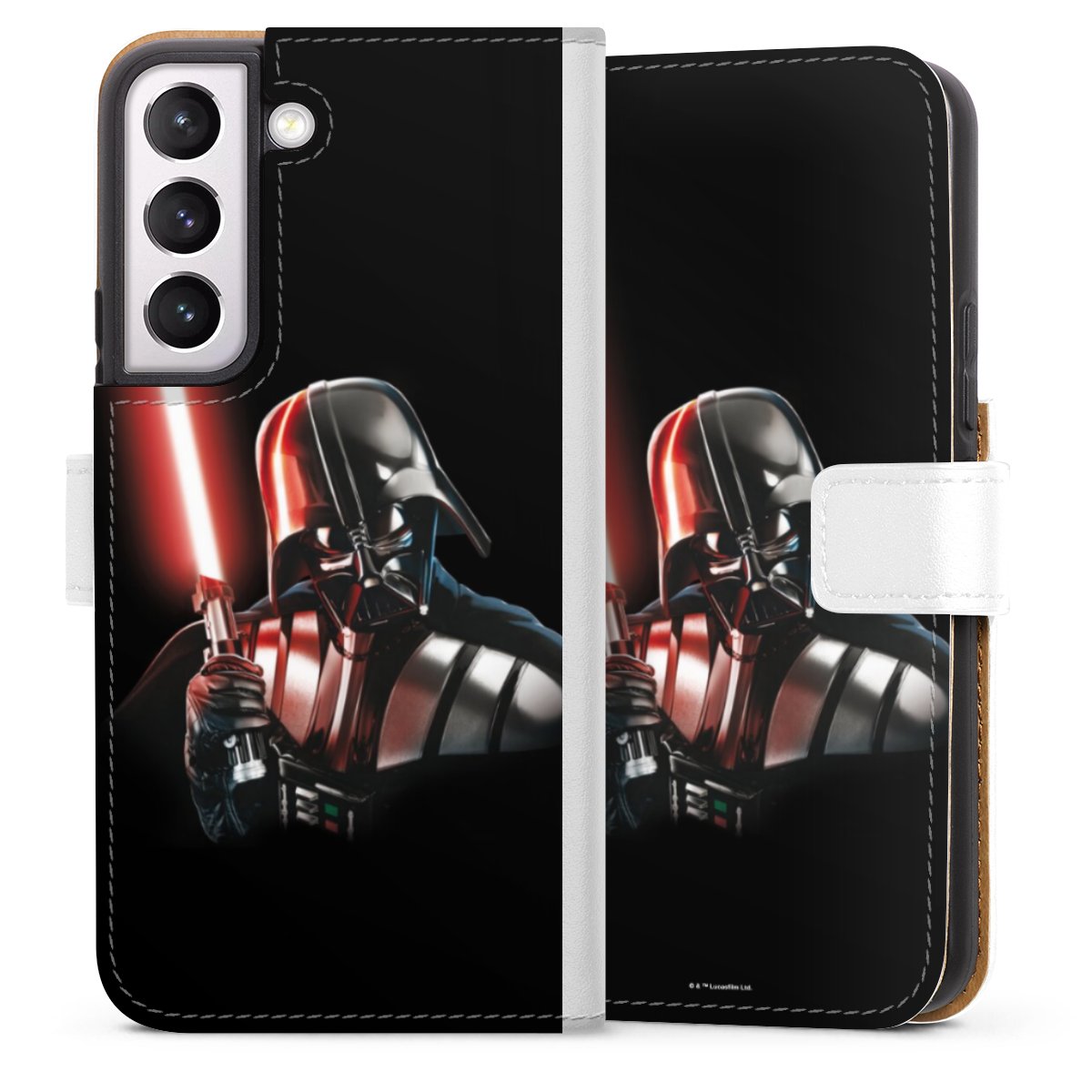 Galaxy S22 Handy Klapphülle Handyhülle aus Kunst Leder weiß Flip Case Star Wars Merchandise Darth Vader Sideflip mit Lasche