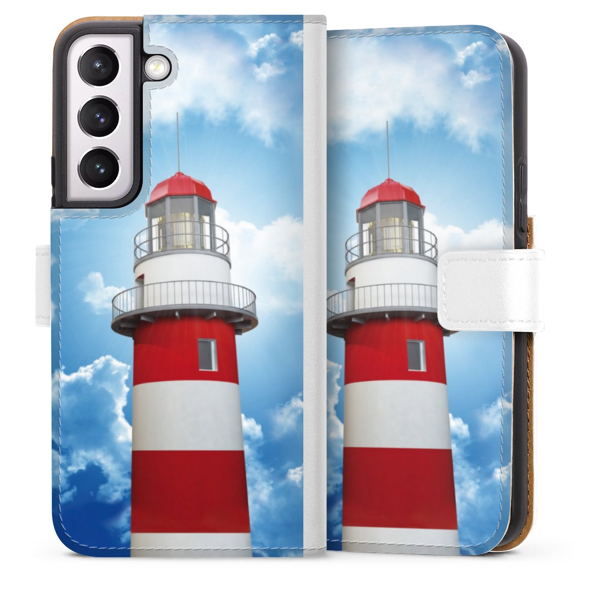 Galaxy S22 Handy Klapphülle Handyhülle aus Kunst Leder weiß Flip Case Lighthouse Sky Cloud Sideflip mit Lasche