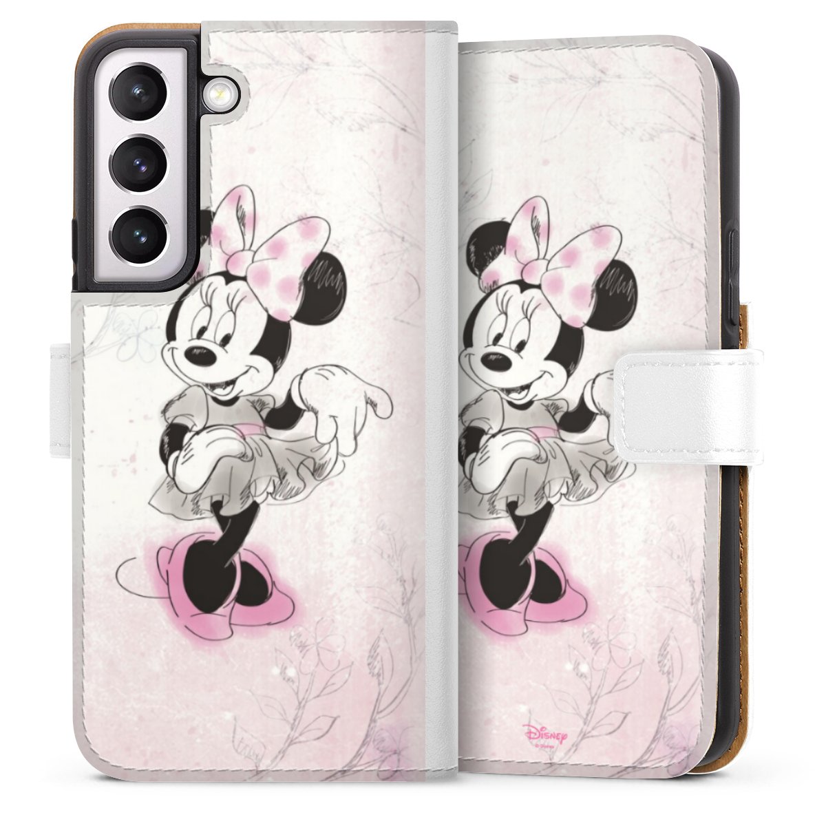 Galaxy S22 Handy Klapphülle Handyhülle aus Kunst Leder weiß Flip Case Disney Minnie Mouse Vintage Sideflip mit Lasche