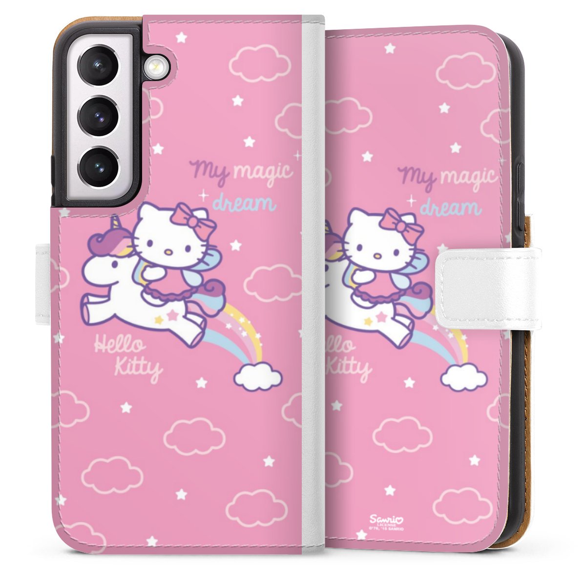 Galaxy S22 Handy Klapphülle Handyhülle aus Kunst Leder weiß Flip Case Einhorn Official Licensed Product Hello Kitty Sideflip mit Lasche