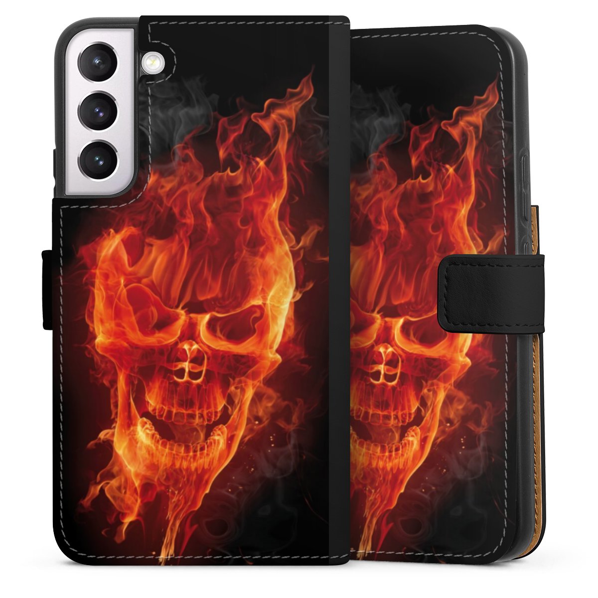 Galaxy S22+ Handy Klapphülle Handyhülle aus Kunst Leder schwarz Flip Case Totenkopf Skull Fire Sideflip mit Lasche