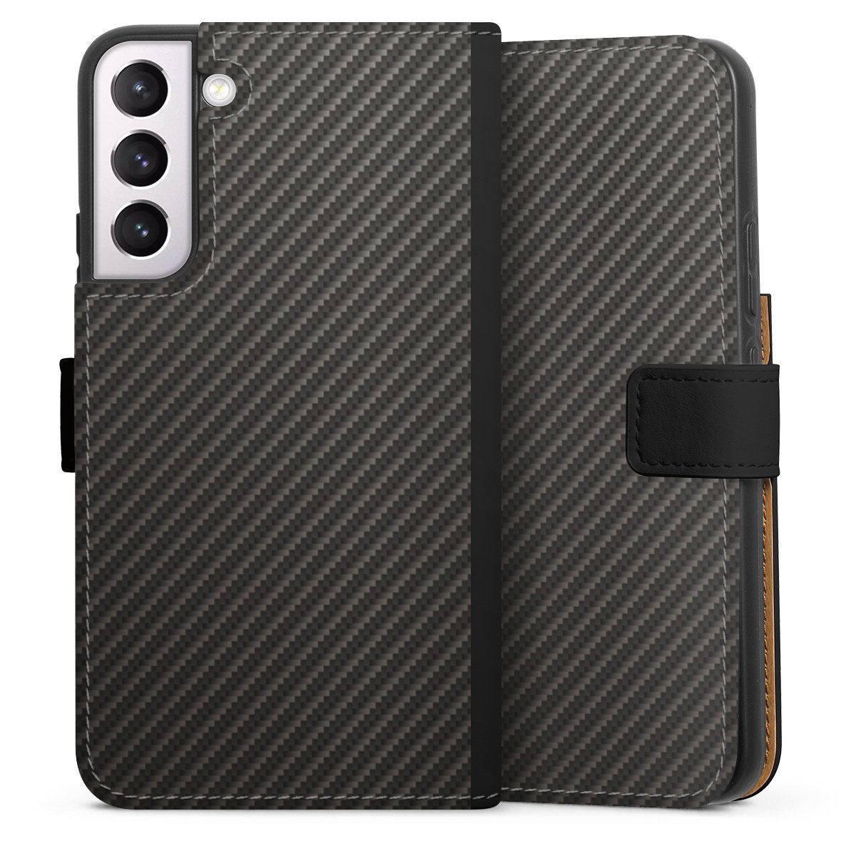 Galaxy S22+ Handy Klapphülle Handyhülle aus Kunst Leder schwarz Flip Case Metallic Look Carbon Muster Sideflip mit Lasche