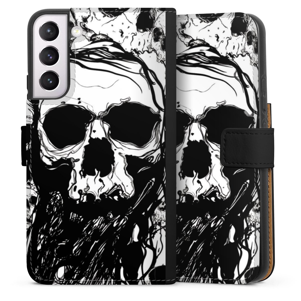 Galaxy S22+ Handy Klapphülle Handyhülle aus Kunst Leder schwarz Flip Case Totenkopf Halloween Sideflip mit Lasche