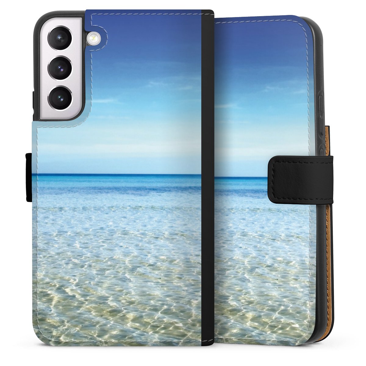 Galaxy S22+ Handy Klapphülle Handyhülle aus Kunst Leder schwarz Flip Case Urlaub Sky Ocean Sideflip mit Lasche