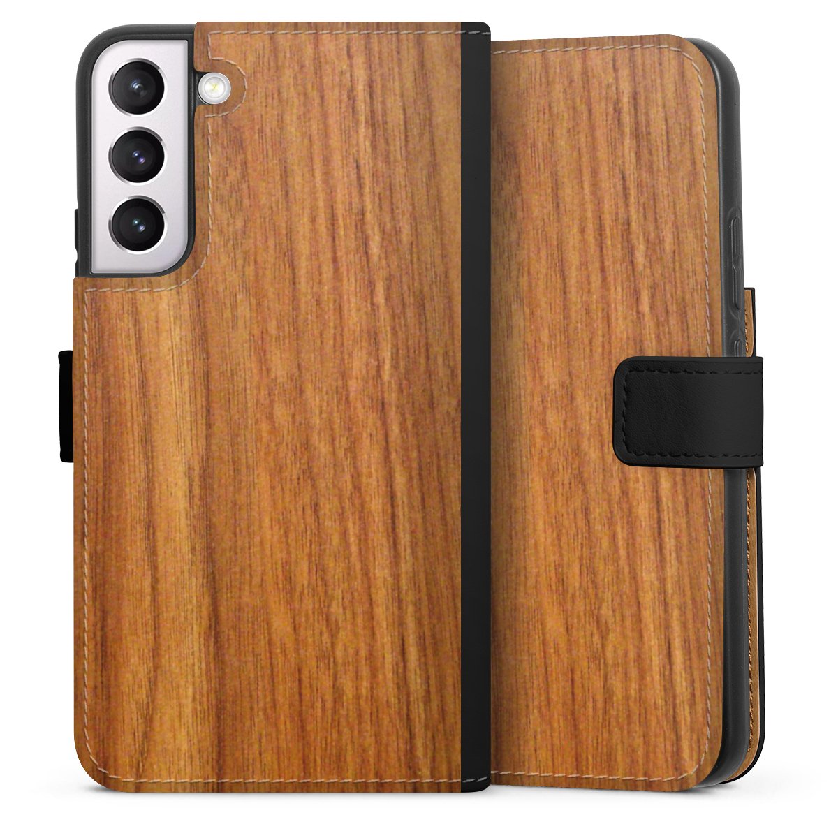 Galaxy S22+ Handy Klapphülle Handyhülle aus Kunst Leder schwarz Flip Case Wood Larch Wooden Look Sideflip mit Lasche