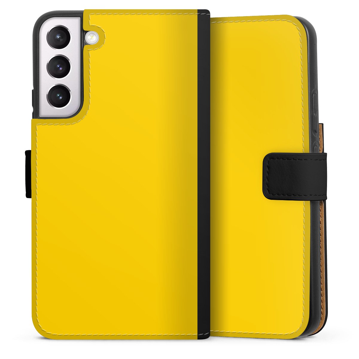 Galaxy S22+ Handy Klapphülle Handyhülle aus Kunst Leder schwarz Flip Case Yellow Unicoloured Colour Sideflip mit Lasche