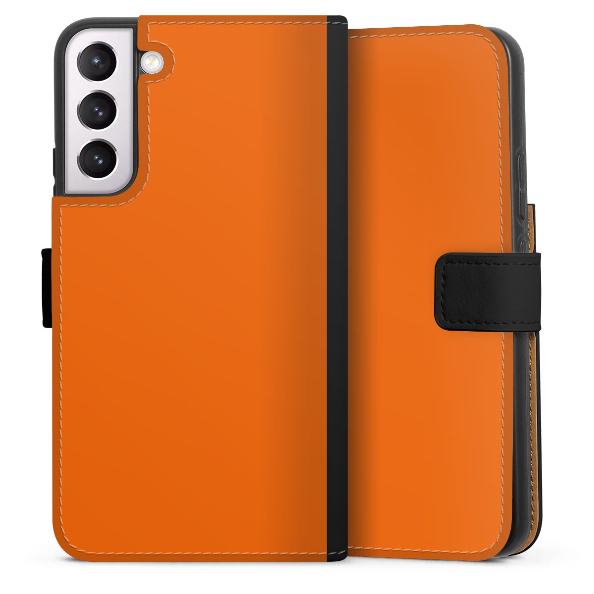 Galaxy S22+ Handy Klapphülle Handyhülle aus Kunst Leder schwarz Flip Case Orange Colour Unicoloured Sideflip mit Lasche