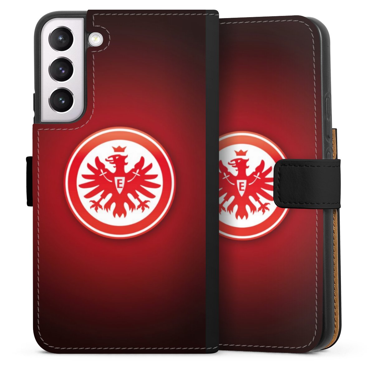 Galaxy S22+ Handy Klapphülle Handyhülle aus Kunst Leder schwarz Flip Case Eintracht Frankfurt Official Licensed Product Coat Of Arms Sideflip mit Lasche