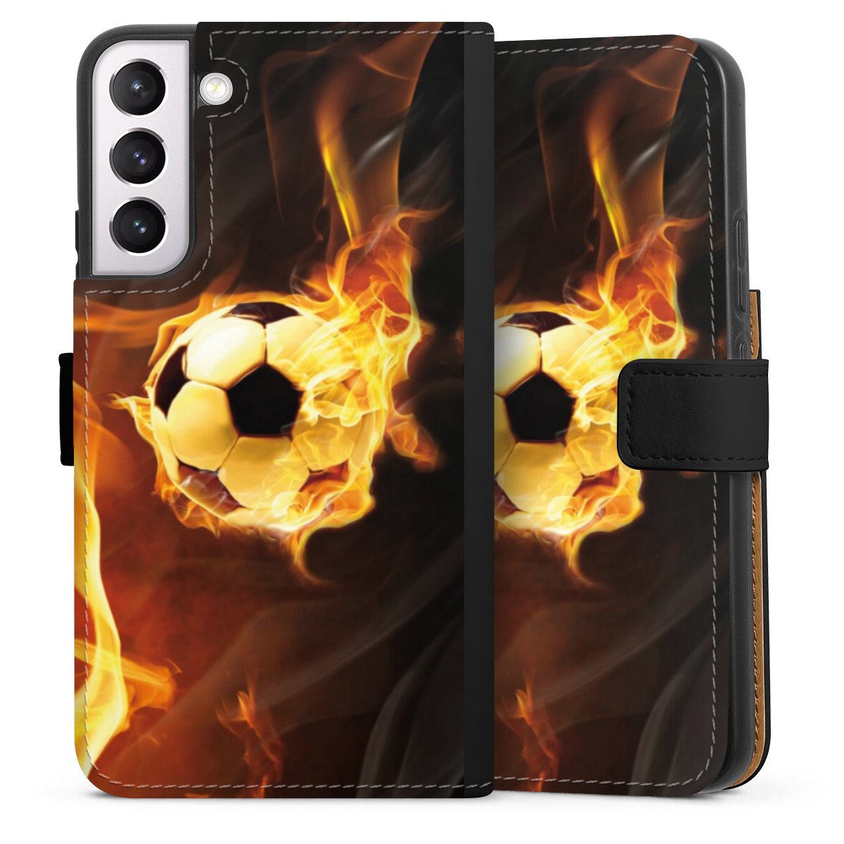 Galaxy S22+ Handy Klapphülle Handyhülle aus Kunst Leder schwarz Flip Case Ball Fire Soccer Sideflip mit Lasche