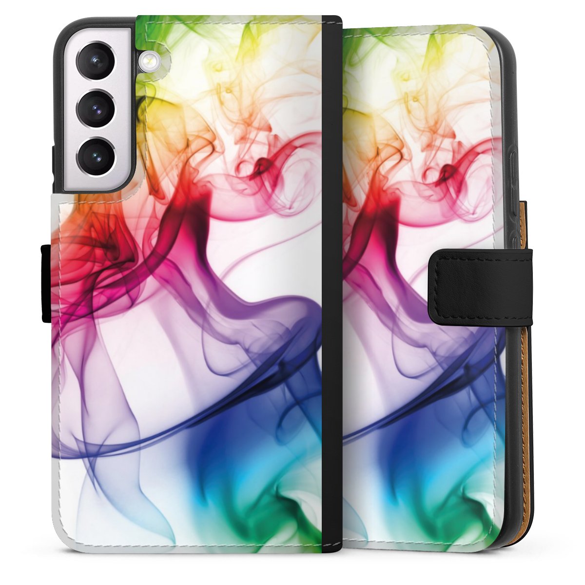 Galaxy S22+ Handy Klapphülle Handyhülle aus Kunst Leder schwarz Flip Case Water Colour Rainbow Sideflip mit Lasche