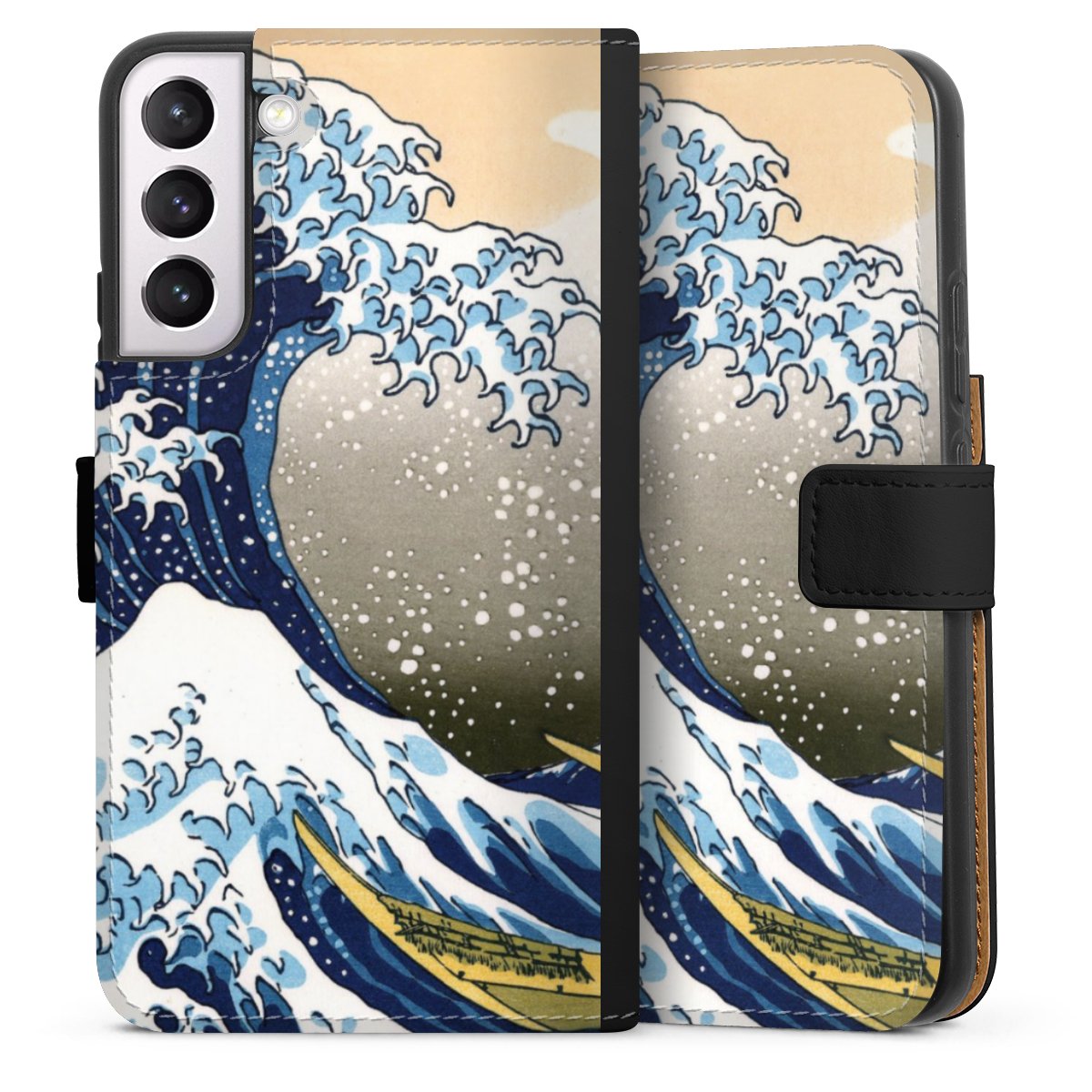 Galaxy S22+ Handy Klapphülle Handyhülle aus Kunst Leder schwarz Flip Case Kunst Katsushika Hokusai Die Große Welle Vor Kanagawa Sideflip mit Lasche