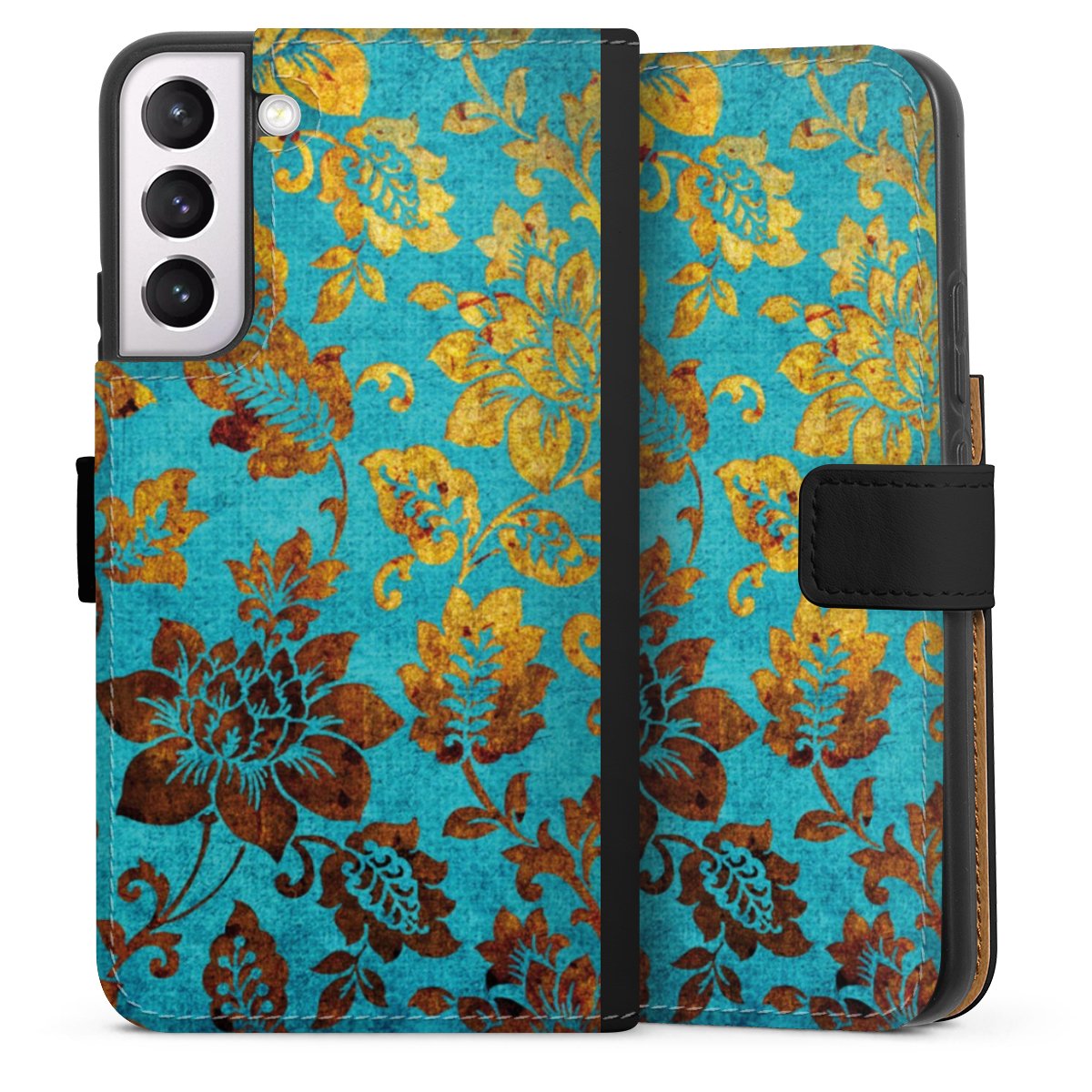 Galaxy S22+ Handy Klapphülle Handyhülle aus Kunst Leder schwarz Flip Case Ornament Vintage Flowers Sideflip mit Lasche