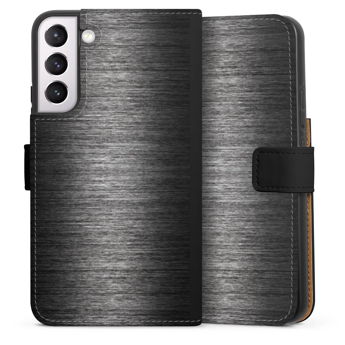 Galaxy S22+ Handy Klapphülle Handyhülle aus Kunst Leder schwarz Flip Case Metallic Look Anthracite Metal Sideflip mit Lasche