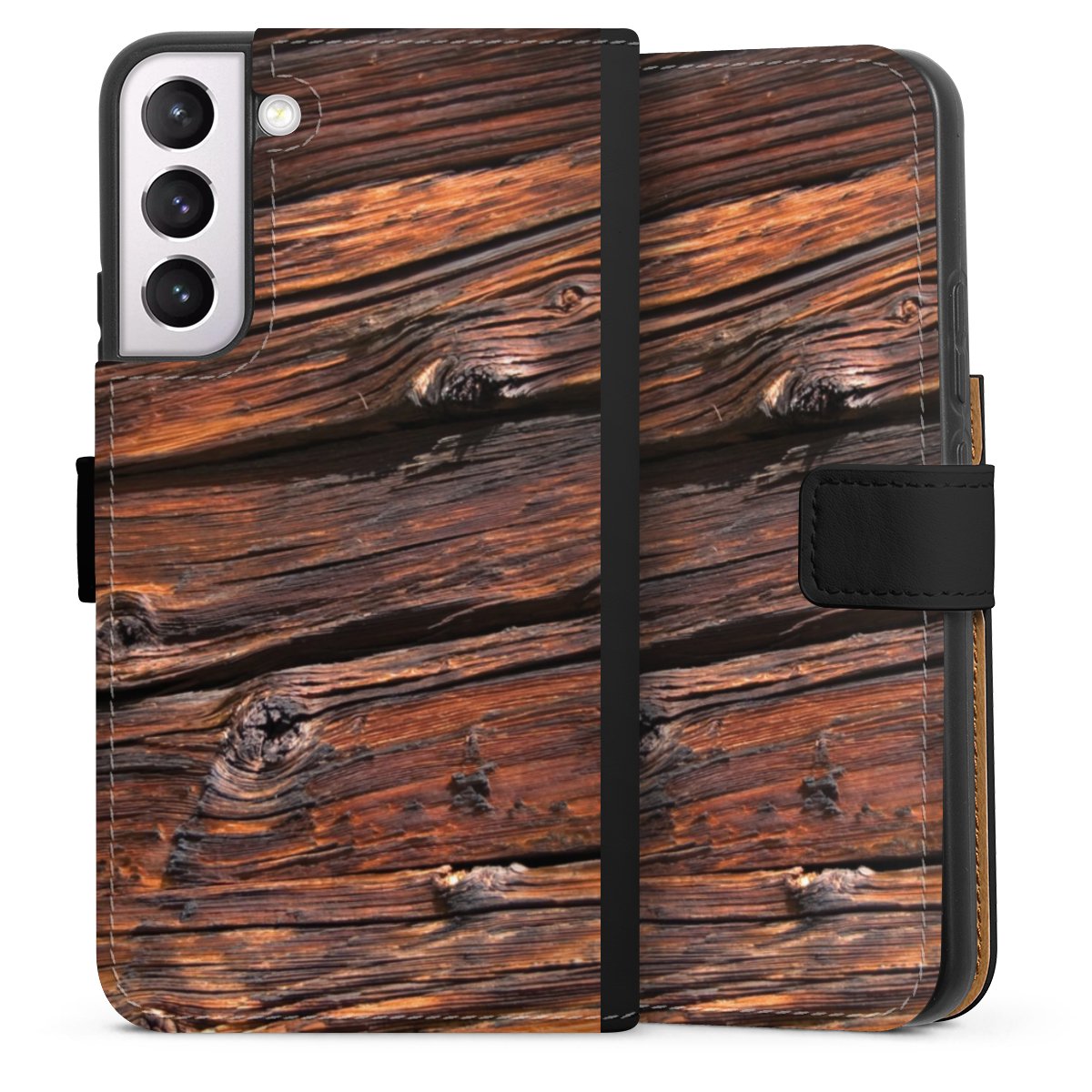 Galaxy S22+ Handy Klapphülle Handyhülle aus Kunst Leder schwarz Flip Case Beams Wooden Look Wood Sideflip mit Lasche