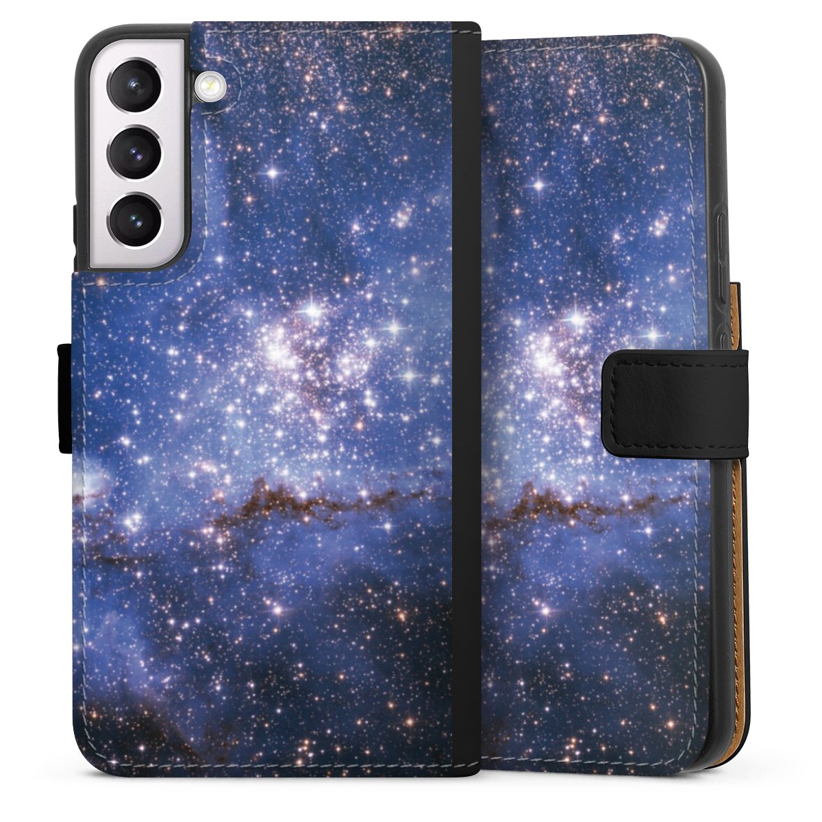 Galaxy S22+ Handy Klapphülle Handyhülle aus Kunst Leder schwarz Flip Case Weltall Galaxy Weltraum Sideflip mit Lasche