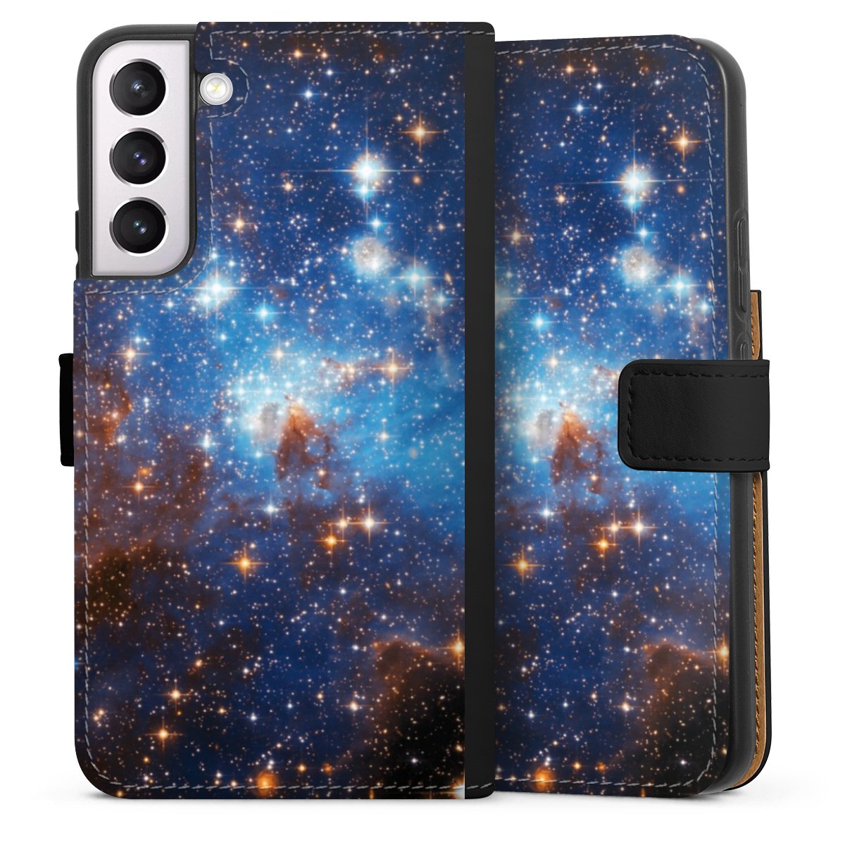 Galaxy S22+ Handy Klapphülle Handyhülle aus Kunst Leder schwarz Flip Case Star Weltall Galaxy Sideflip mit Lasche