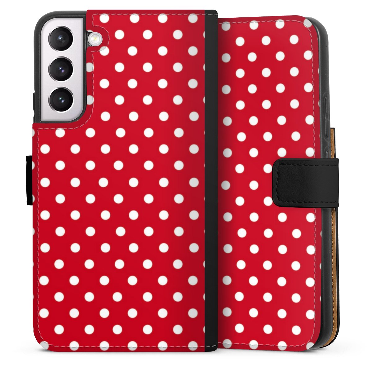 Galaxy S22+ Handy Klapphülle Handyhülle aus Kunst Leder schwarz Flip Case Points Polka Dots Retro Sideflip mit Lasche