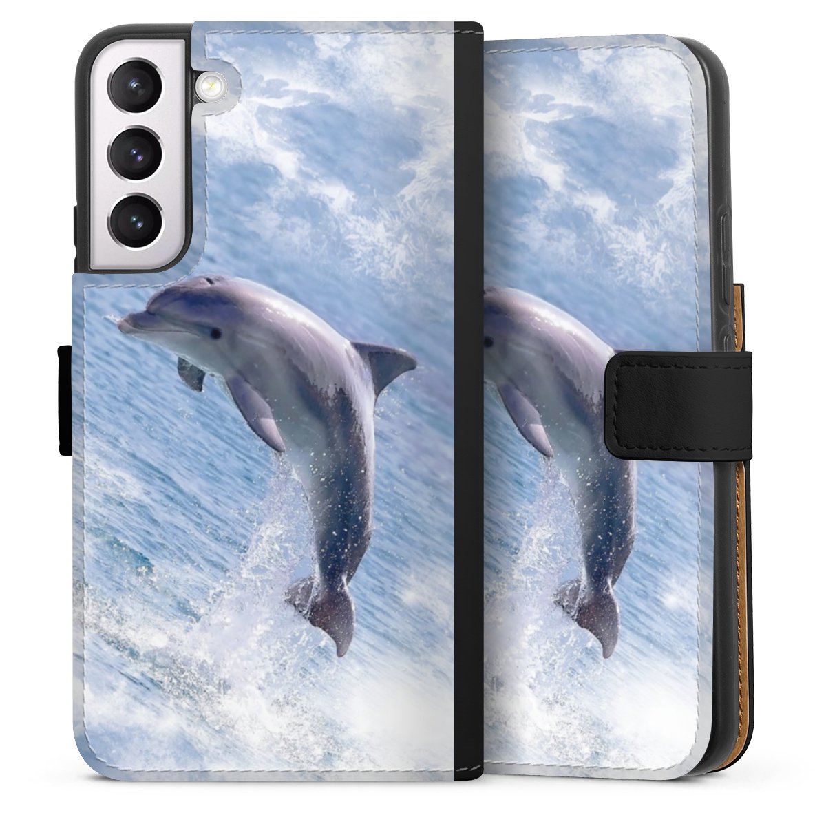 Galaxy S22+ Handy Klapphülle Handyhülle aus Kunst Leder schwarz Flip Case Dolphin Ocean Wale Sideflip mit Lasche