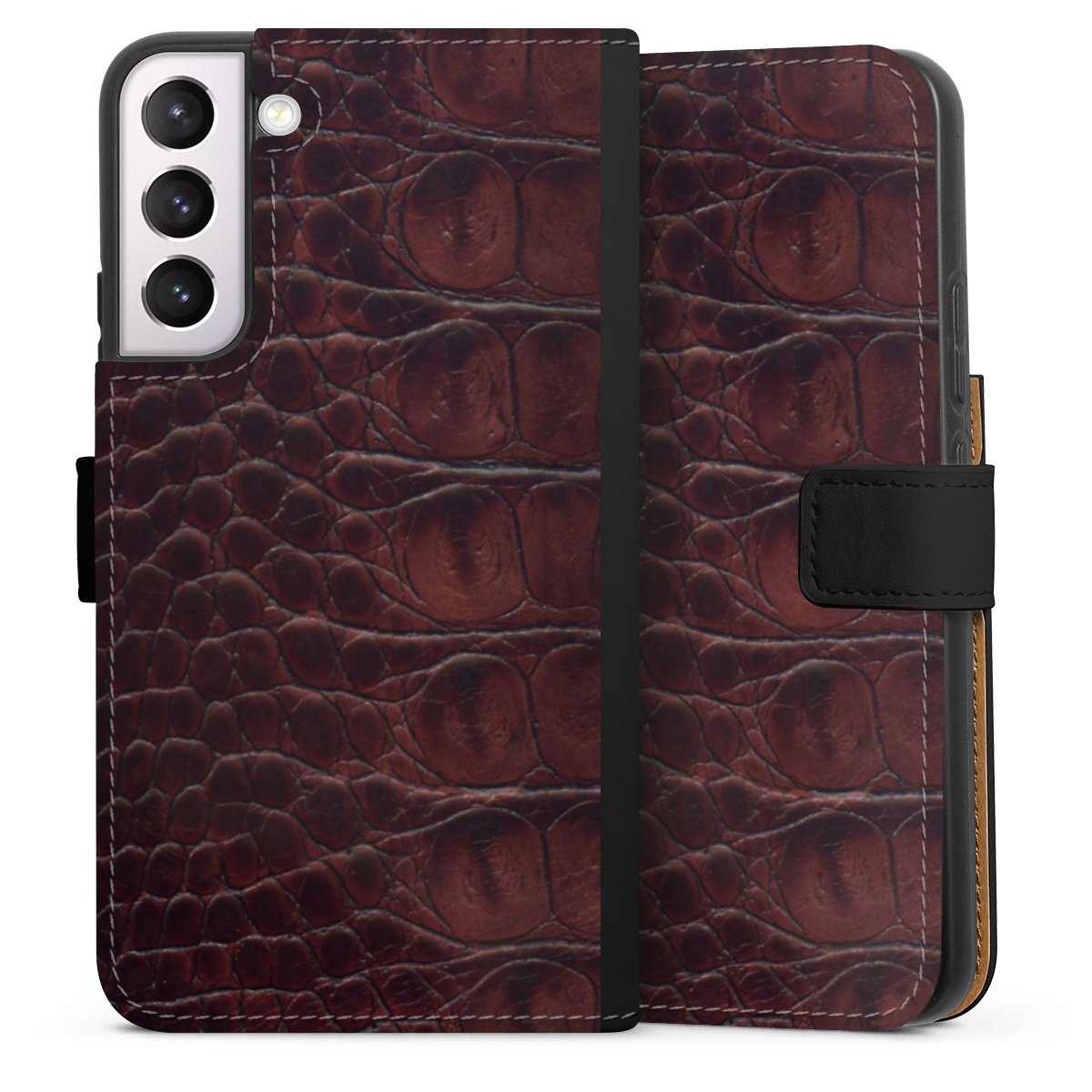 Galaxy S22+ Handy Klapphülle Handyhülle aus Kunst Leder schwarz Flip Case Crocodile Animal Print Leather Sideflip mit Lasche