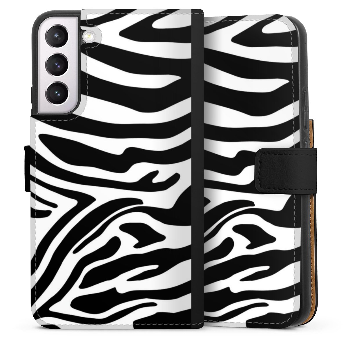 Galaxy S22+ Handy Klapphülle Handyhülle aus Kunst Leder schwarz Flip Case Zebra Animal Look Animal Print Sideflip mit Lasche