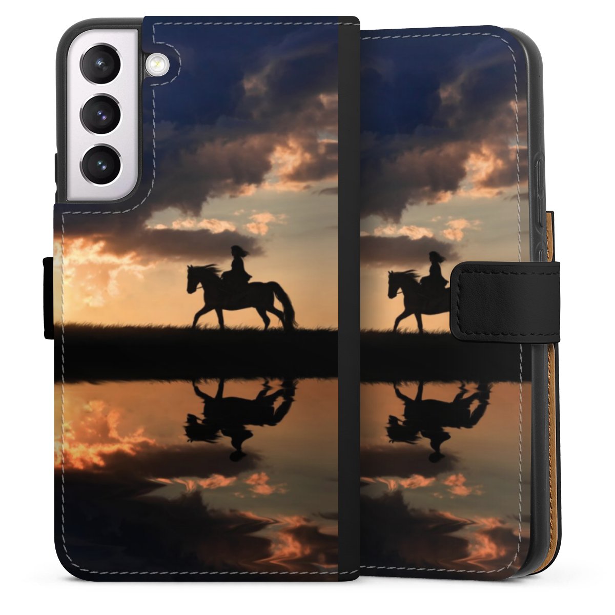 Galaxy S22+ Handy Klapphülle Handyhülle aus Kunst Leder schwarz Flip Case Horse Sunset Horseback Riding Sideflip mit Lasche