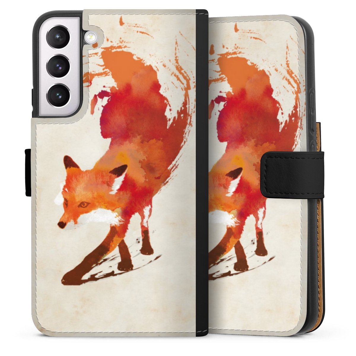 Galaxy S22+ Handy Klapphülle Handyhülle aus Kunst Leder schwarz Flip Case Fox Graphic Sideflip mit Lasche