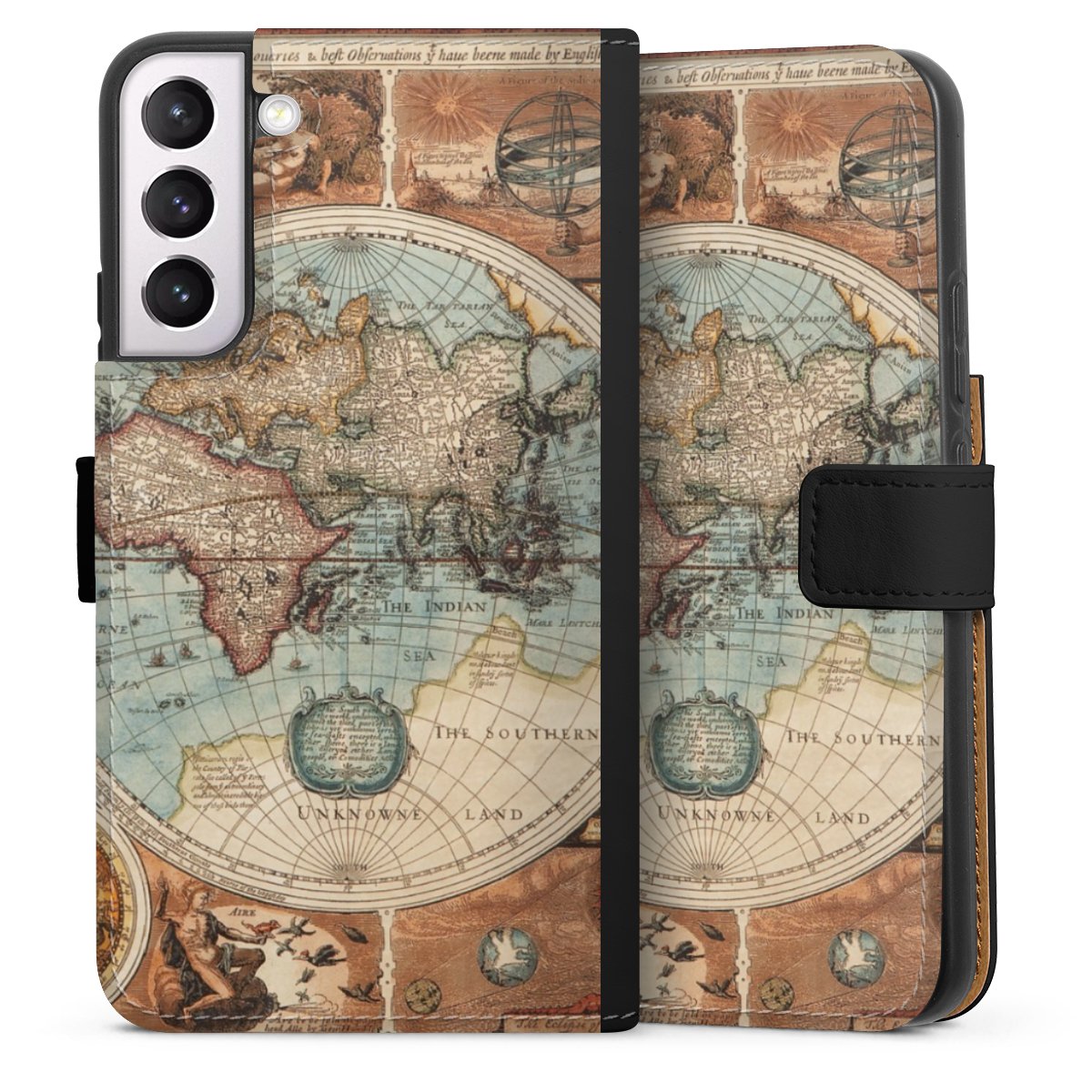 Galaxy S22+ Handy Klapphülle Handyhülle aus Kunst Leder schwarz Flip Case World Map Vintage Map Sideflip mit Lasche