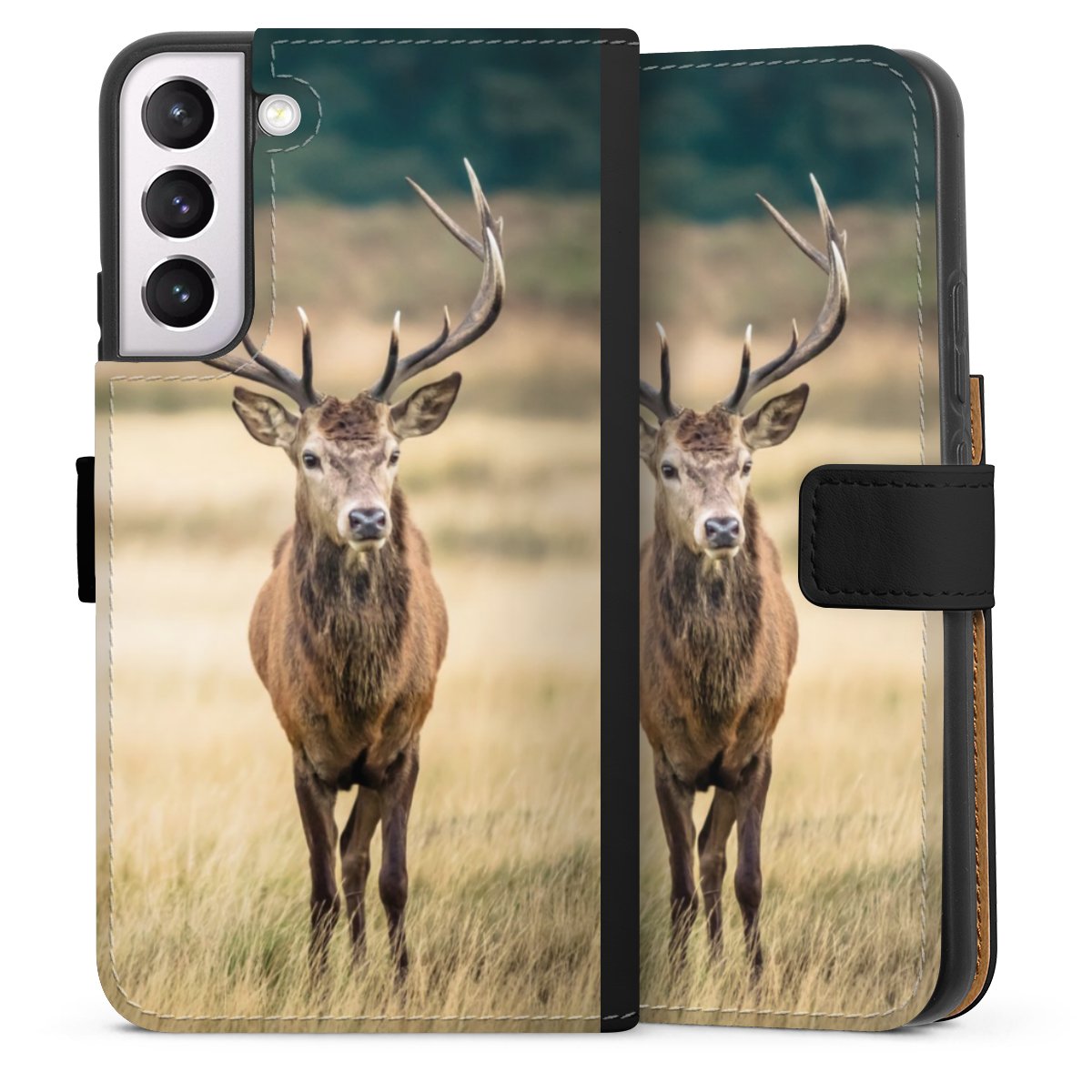 Galaxy S22+ Handy Klapphülle Handyhülle aus Kunst Leder schwarz Flip Case Deer Meadow Forrest Sideflip mit Lasche