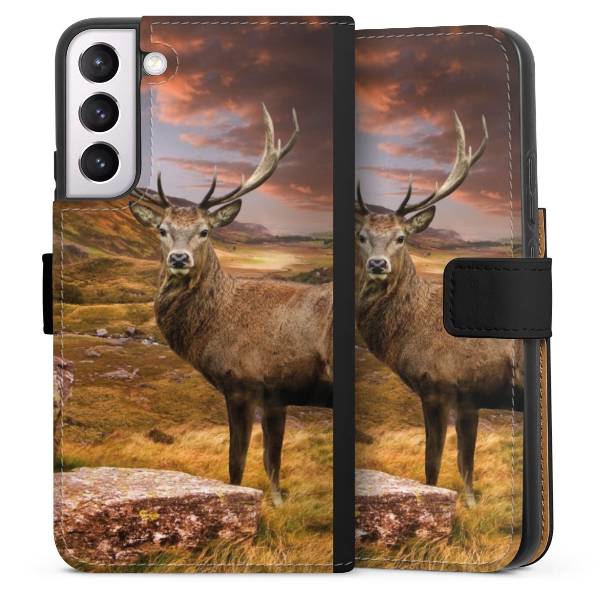 Galaxy S22+ Handy Klapphülle Handyhülle aus Kunst Leder schwarz Flip Case Meadow Mountain Deer Sideflip mit Lasche