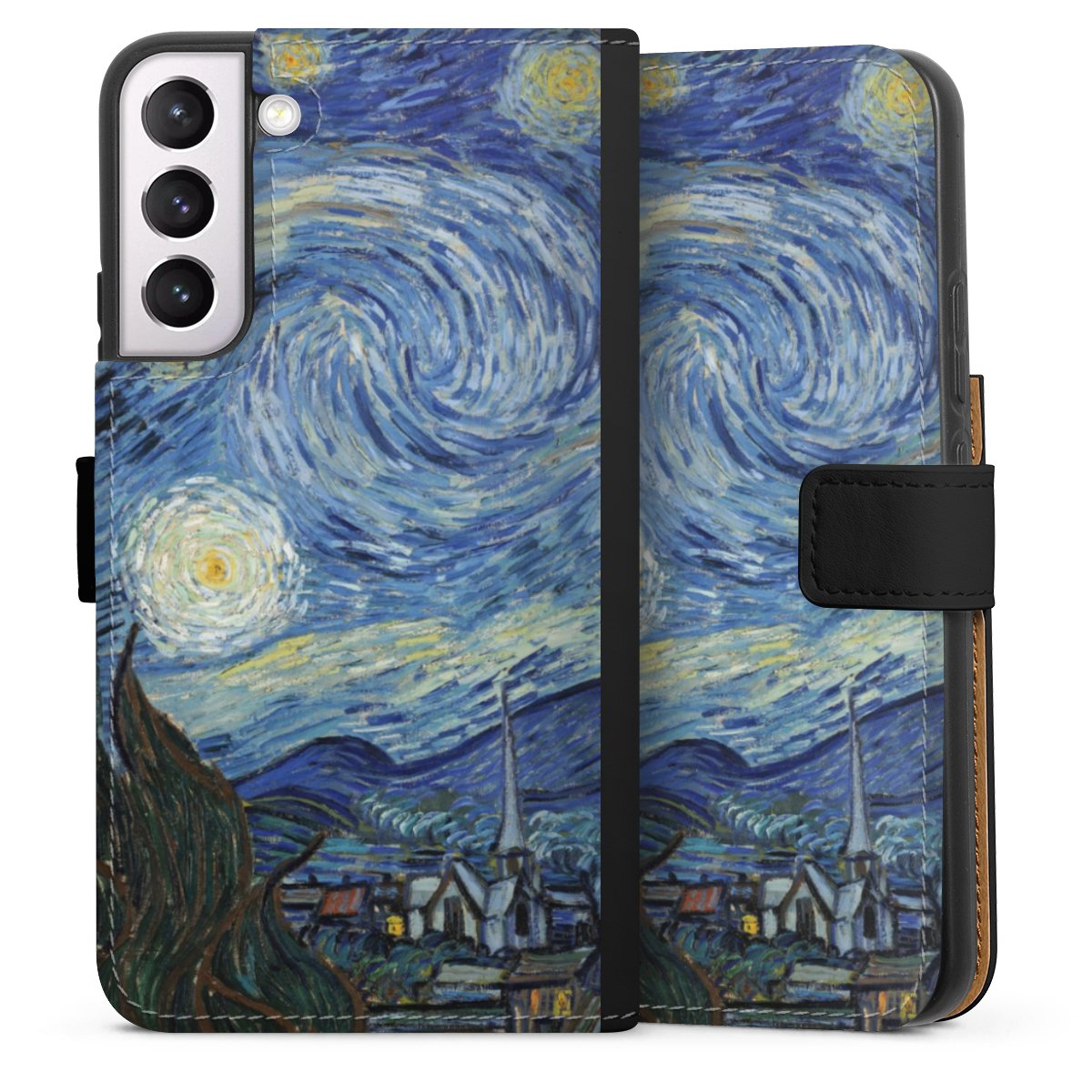 Galaxy S22+ Handy Klapphülle Handyhülle aus Kunst Leder schwarz Flip Case The Starry Night Kunst Vincent Van Gogh Sideflip mit Lasche