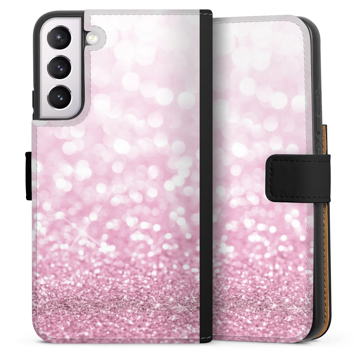 Galaxy S22+ Handy Klapphülle Handyhülle aus Kunst Leder schwarz Flip Case Glitzer Pink Shine Sideflip mit Lasche