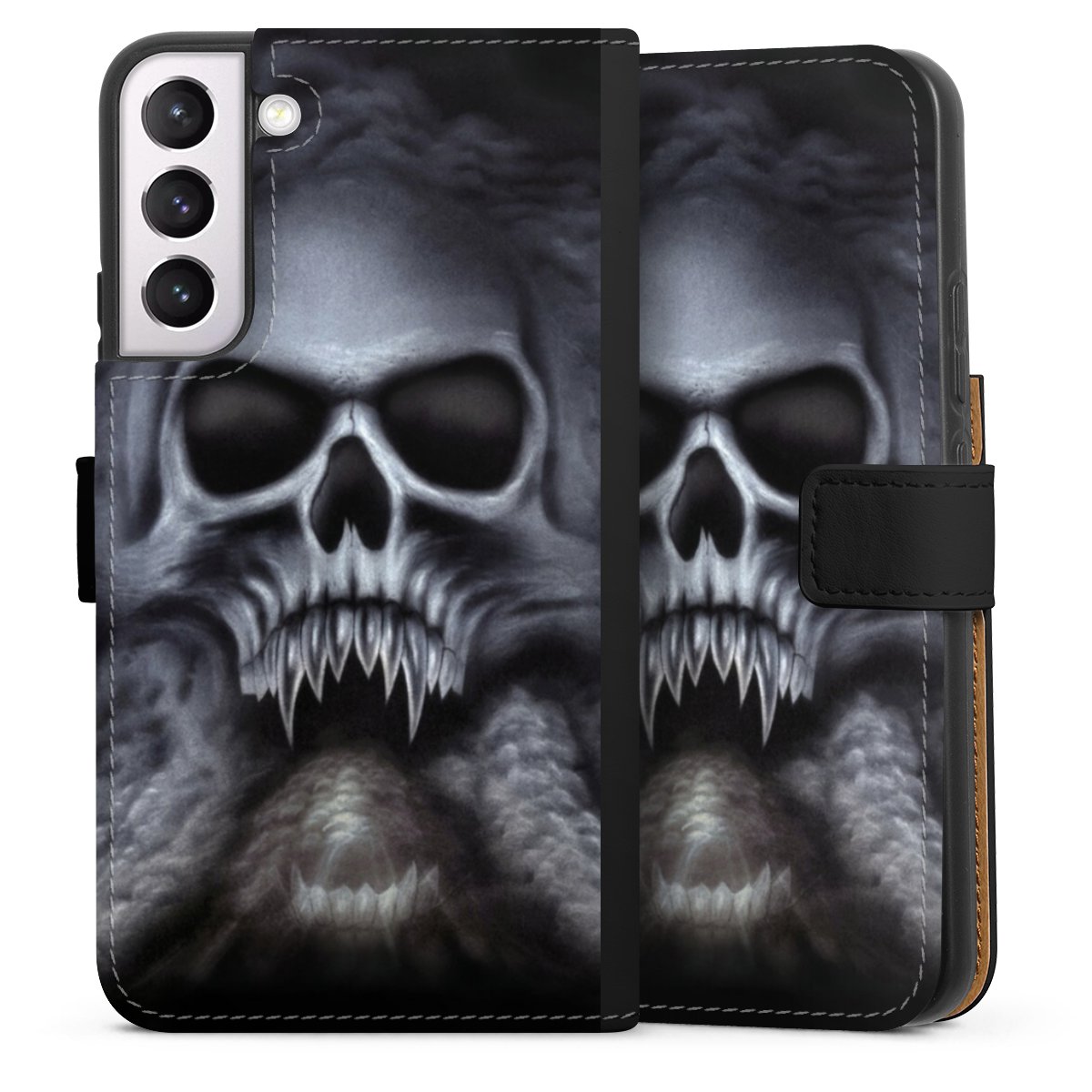 Galaxy S22+ Handy Klapphülle Handyhülle aus Kunst Leder schwarz Flip Case Totenkopf Skull Sideflip mit Lasche