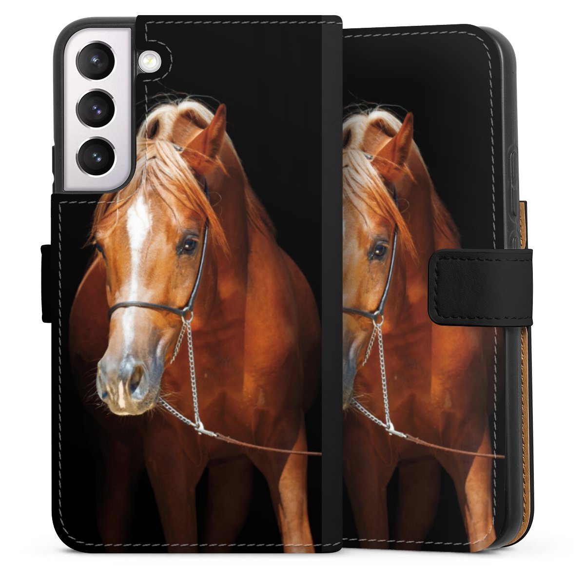 Galaxy S22+ Handy Klapphülle Handyhülle aus Kunst Leder schwarz Flip Case Mare Horse Hobby Sideflip mit Lasche