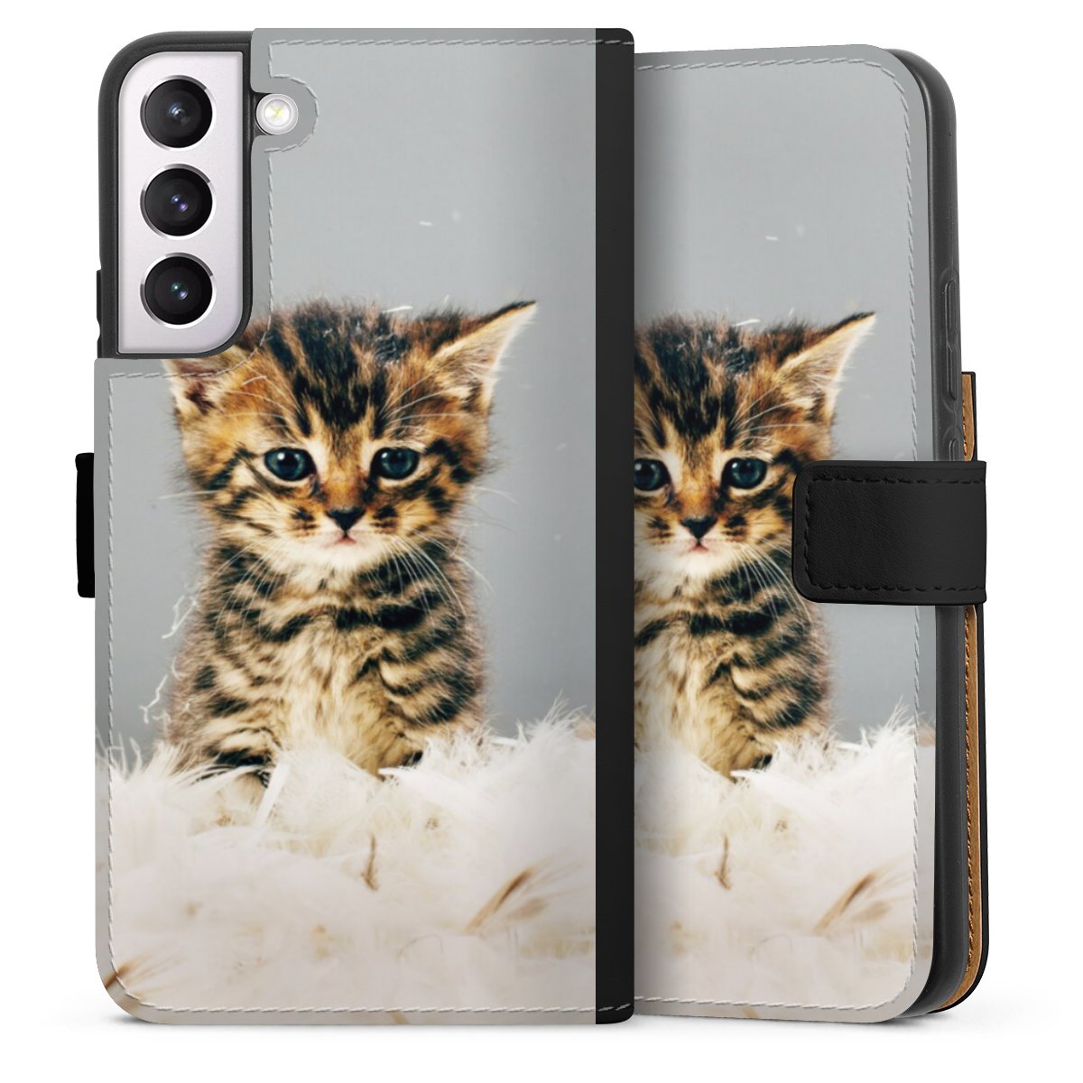 Galaxy S22+ Handy Klapphülle Handyhülle aus Kunst Leder schwarz Flip Case Cat Feather Pet Sideflip mit Lasche