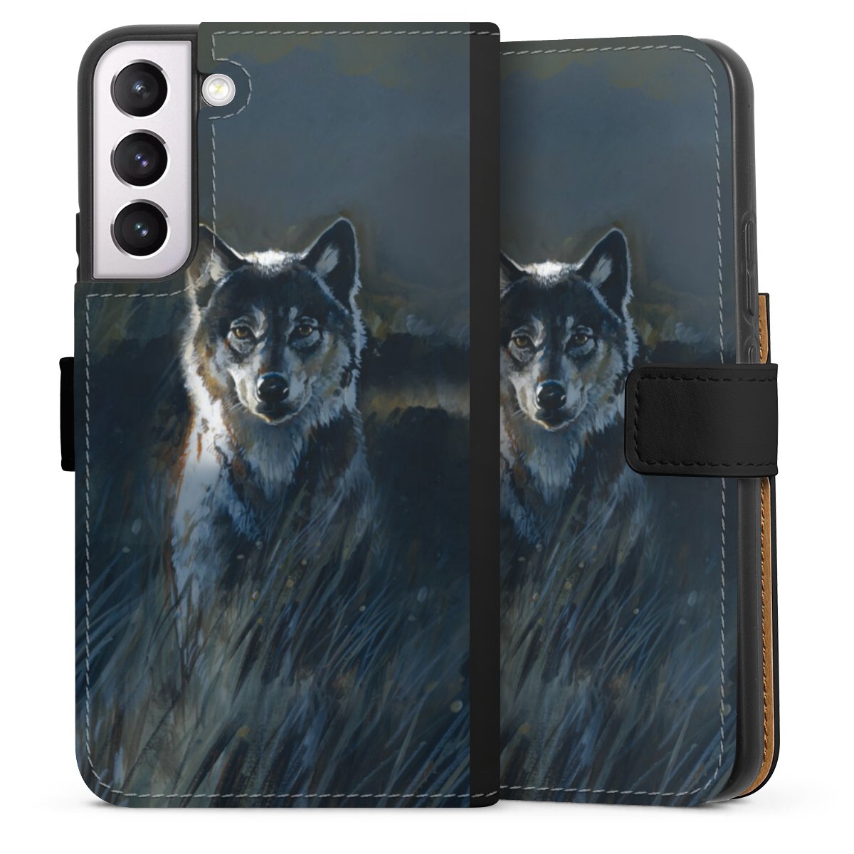 Galaxy S22+ Handy Klapphülle Handyhülle aus Kunst Leder schwarz Flip Case Nature Wolf Painting Sideflip mit Lasche