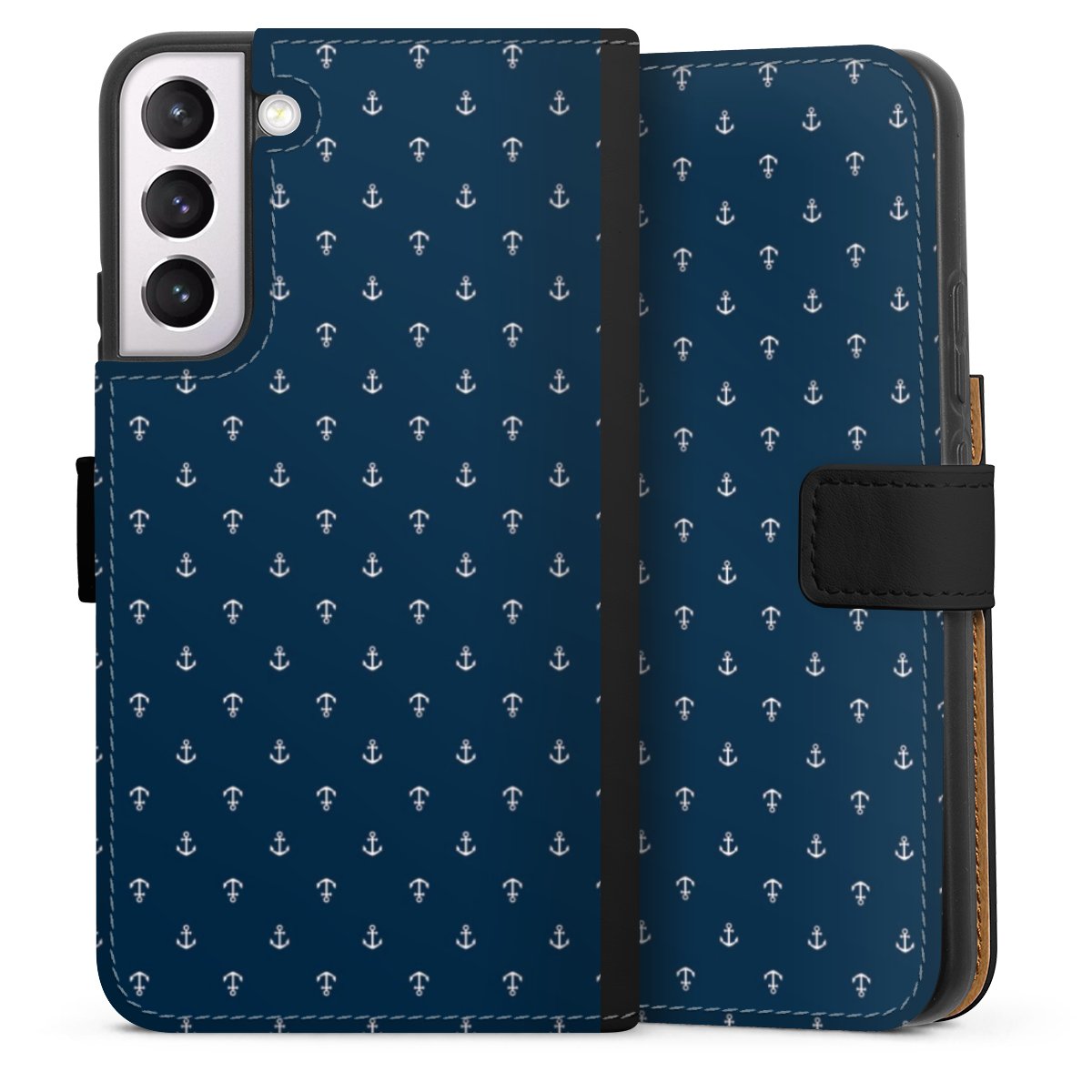 Galaxy S22+ Handy Klapphülle Handyhülle aus Kunst Leder schwarz Flip Case Muster Anchor Sail Sideflip mit Lasche