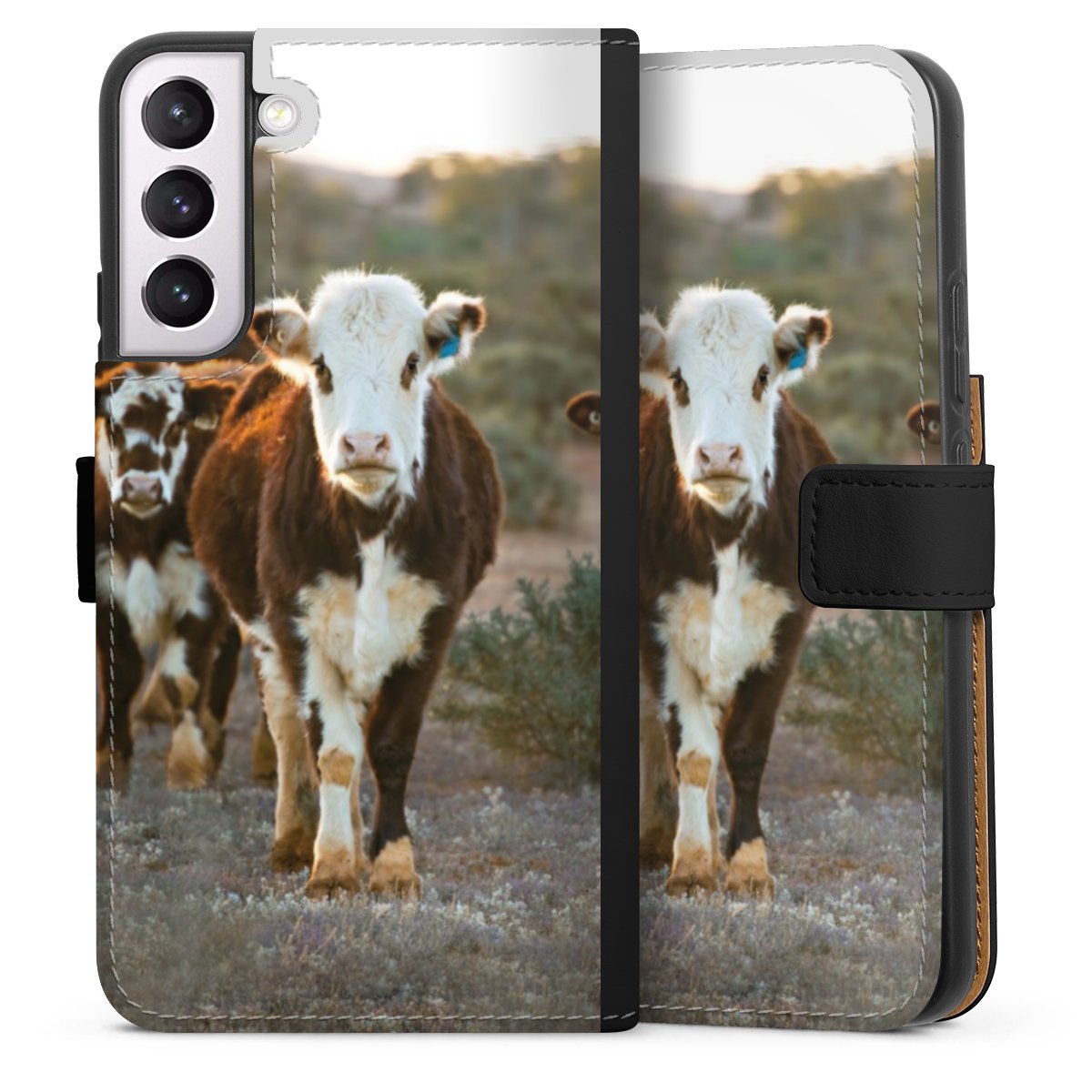 Galaxy S22+ Handy Klapphülle Handyhülle aus Kunst Leder schwarz Flip Case Cow Farmer Calf Sideflip mit Lasche