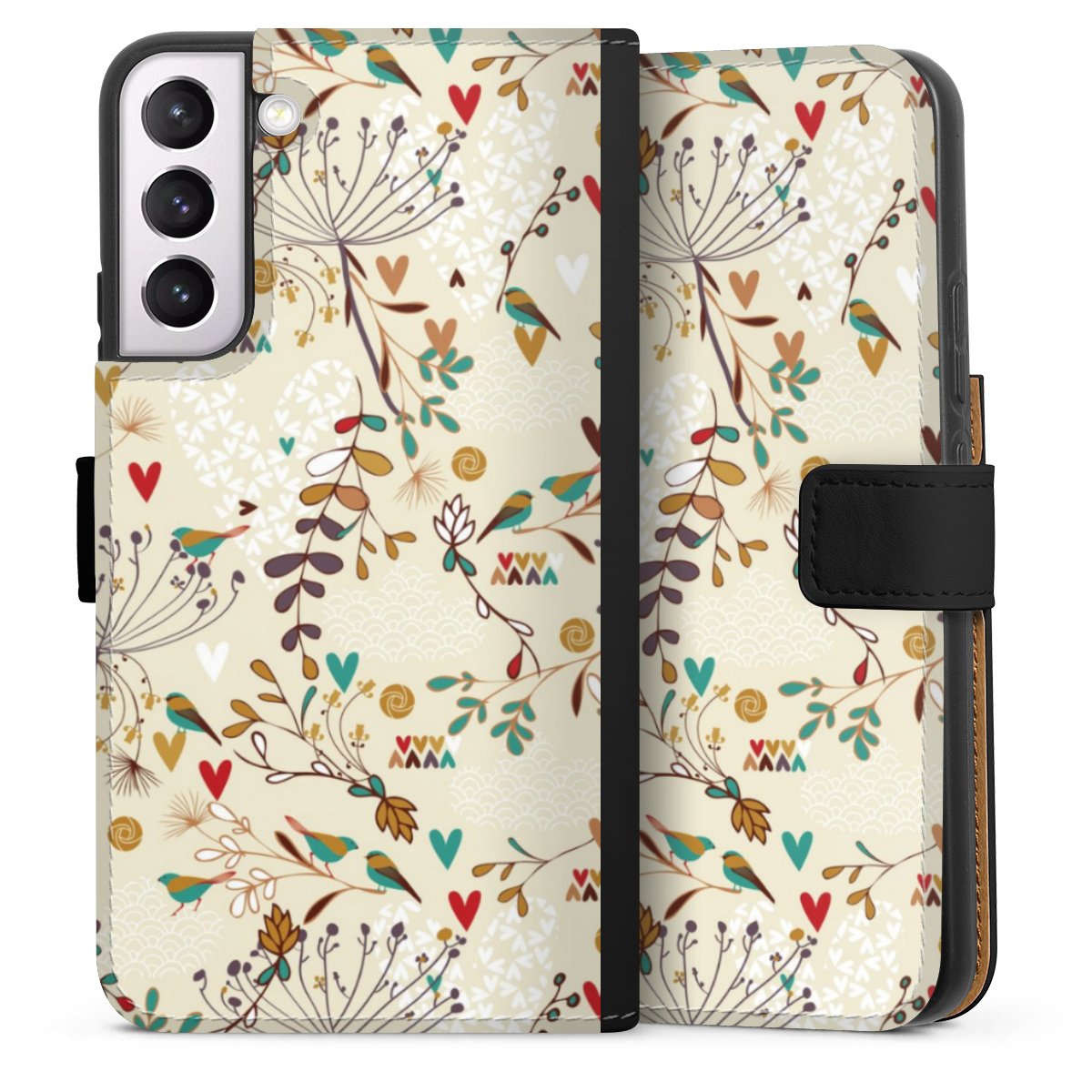 Galaxy S22+ Handy Klapphülle Handyhülle aus Kunst Leder schwarz Flip Case Bird Flowers Retro Sideflip mit Lasche