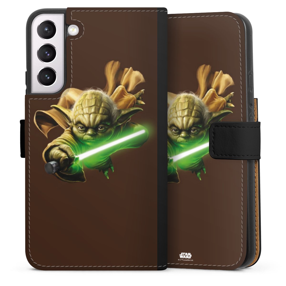 Galaxy S22+ Handy Klapphülle Handyhülle aus Kunst Leder schwarz Flip Case Yoda Merchandise Star Wars Sideflip mit Lasche