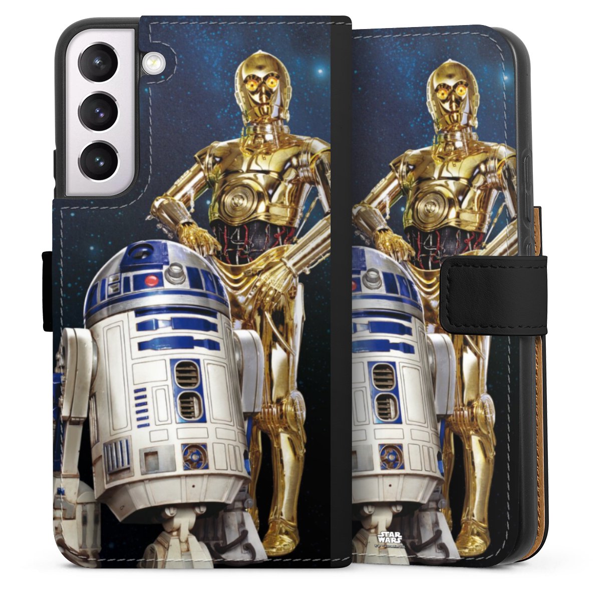 Galaxy S22+ Handy Klapphülle Handyhülle aus Kunst Leder schwarz Flip Case Weltall Star Wars R2d2 Sideflip mit Lasche