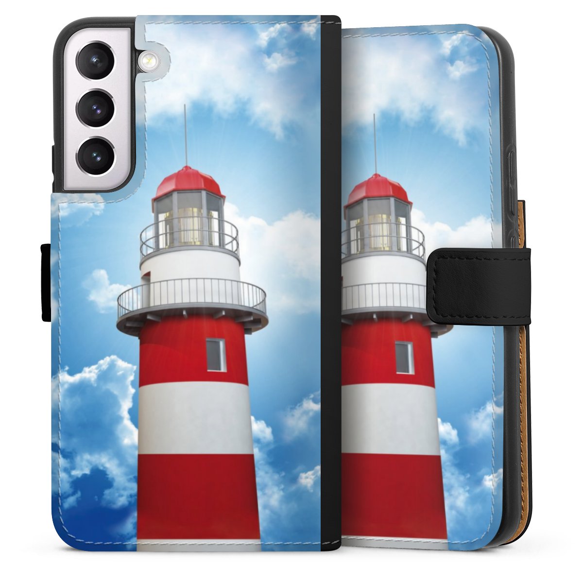 Galaxy S22+ Handy Klapphülle Handyhülle aus Kunst Leder schwarz Flip Case Lighthouse Sky Cloud Sideflip mit Lasche