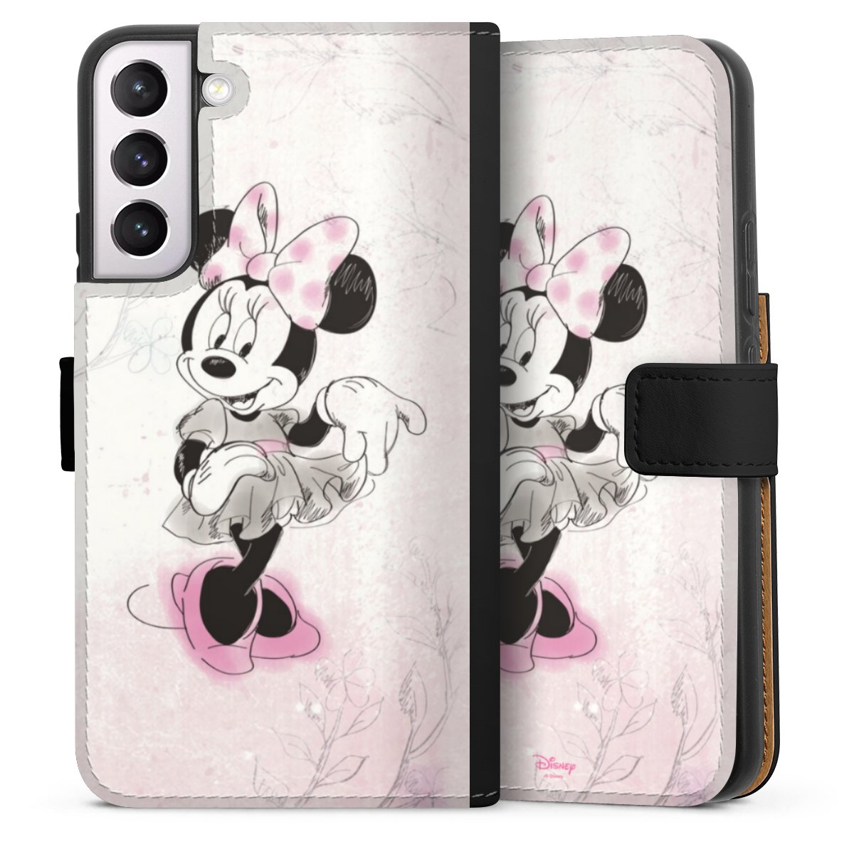 Galaxy S22+ Handy Klapphülle Handyhülle aus Kunst Leder schwarz Flip Case Disney Minnie Mouse Vintage Sideflip mit Lasche