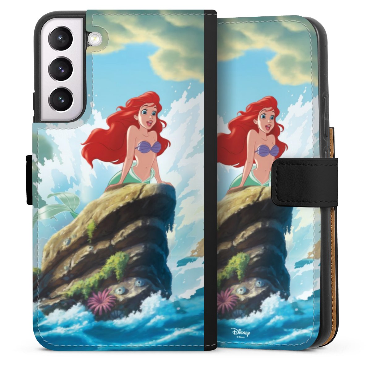 Galaxy S22+ Handy Klapphülle Handyhülle aus Kunst Leder schwarz Flip Case Mermaid Arielle Die Meerjungfrau Official Licensed Product Sideflip mit Lasche