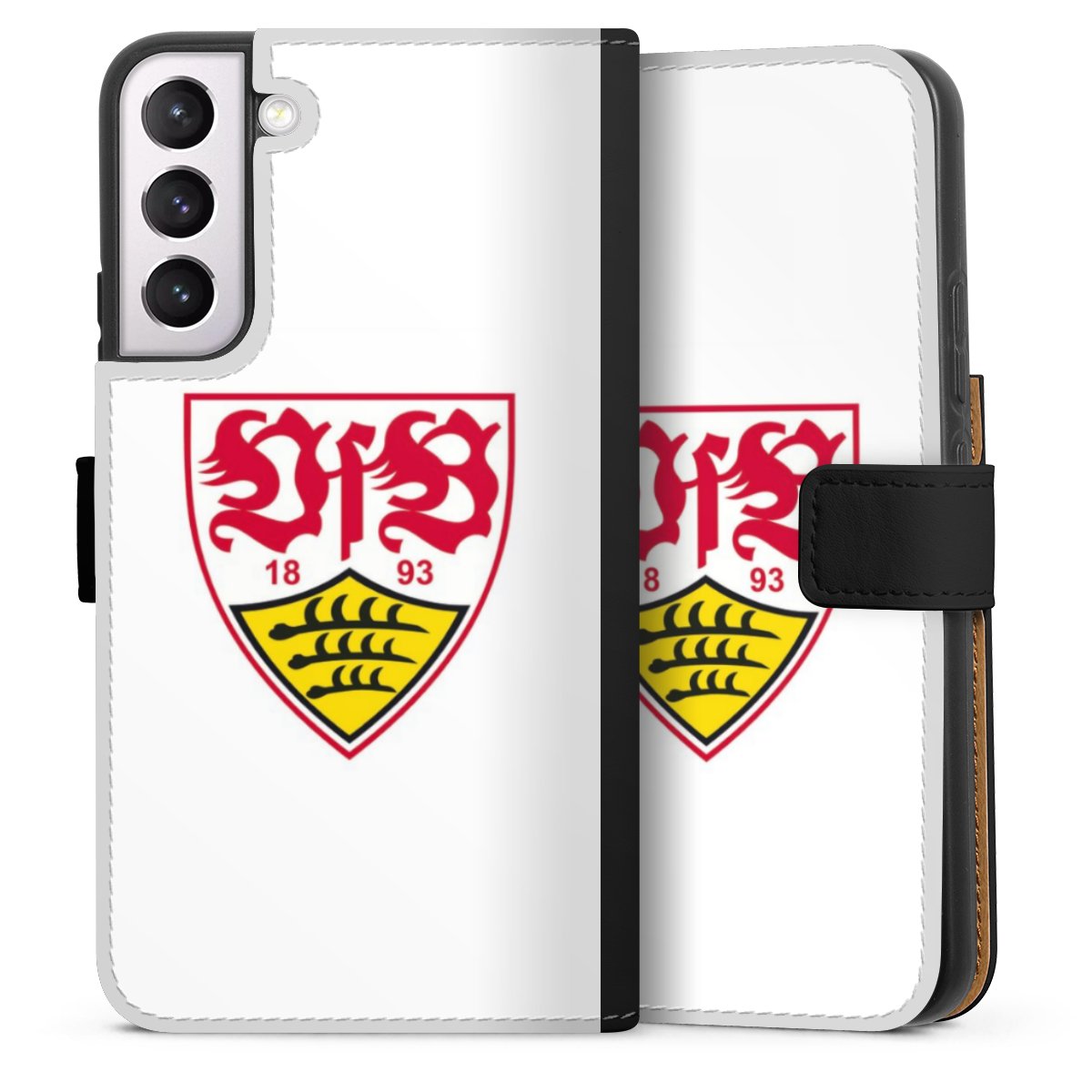 Galaxy S22+ Handy Klapphülle Handyhülle aus Kunst Leder schwarz Flip Case Logo Official Licensed Product Vfb Stuttgart Sideflip mit Lasche