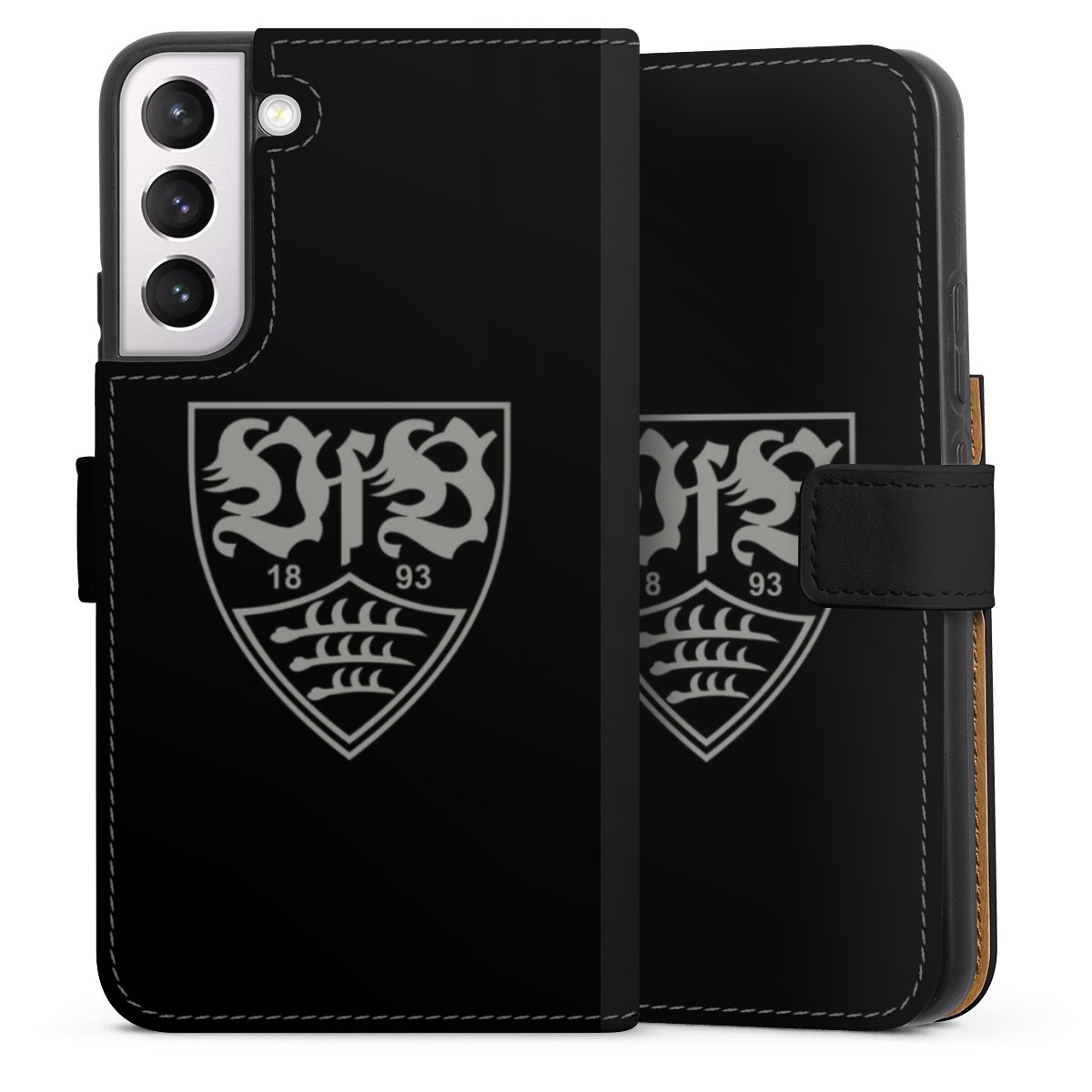 Galaxy S22+ Handy Klapphülle Handyhülle aus Kunst Leder schwarz Flip Case Official Licensed Product Vfb Stuttgart Sideflip mit Lasche